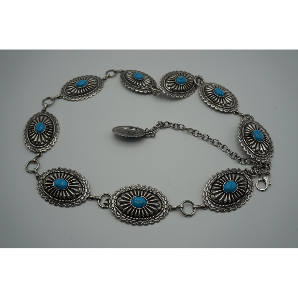 Ariat Womens Turquoise Concho Chain Belt Silver Tone Western Scalloped Oval